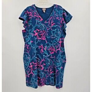 Chico's floral stretch knit flutter sleeve dress Size 3 (XL) teal pink